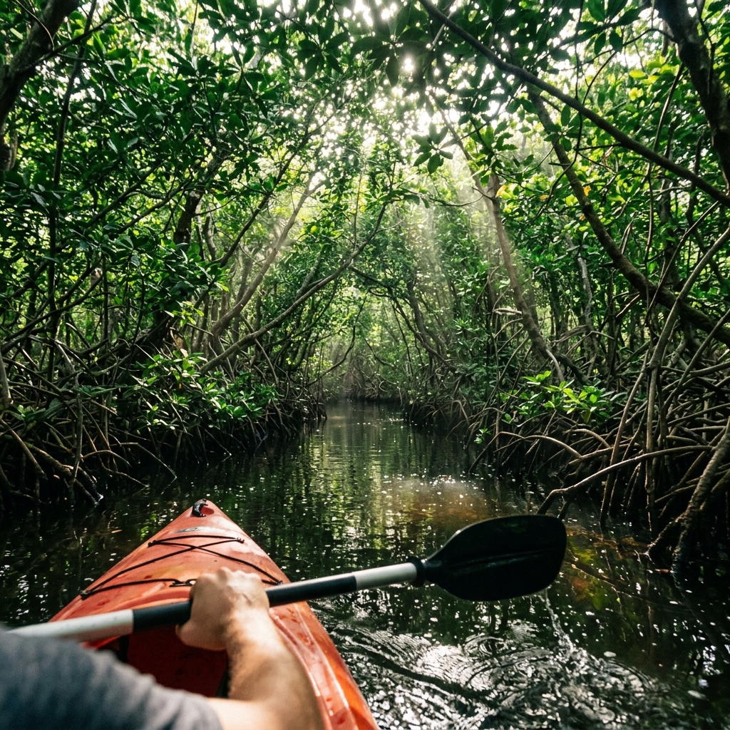 Kayaker paddling silently through sun-dappled mangrove tunnel in the Garanduwa Lagoon